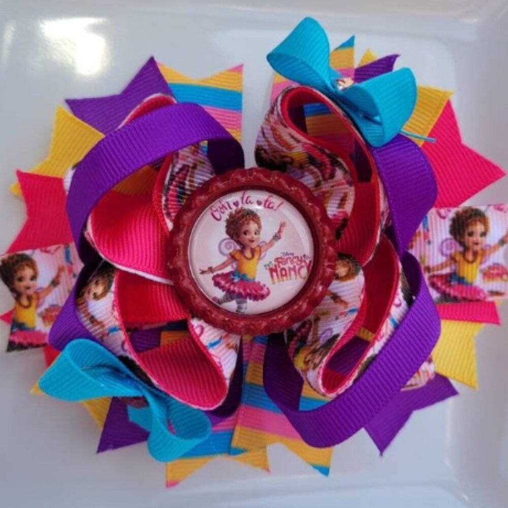 Fancy Nancy Purple Pink Blue Yellow Bottle Cap Hair Bow 5"